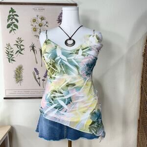 Vintage 90s Y2k Floral Asymmetric Hem Cami Top Fairy Grunge Trashy Sexy Gyaru M